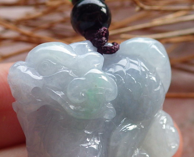 Certified Hand Carved Lavender Green Natural Myanmar Burma A Jade Jadeite Dragon Ruyi Pi Xiu Peanut Pendant Necklace