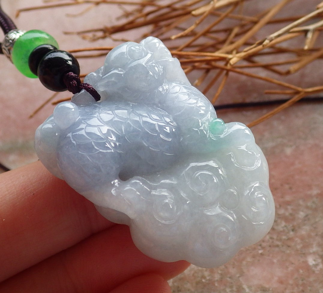 Certified Hand Carved Lavender Green Natural Myanmar Burma A Jade Jadeite Dragon Ruyi Pi Xiu Peanut Pendant Necklace