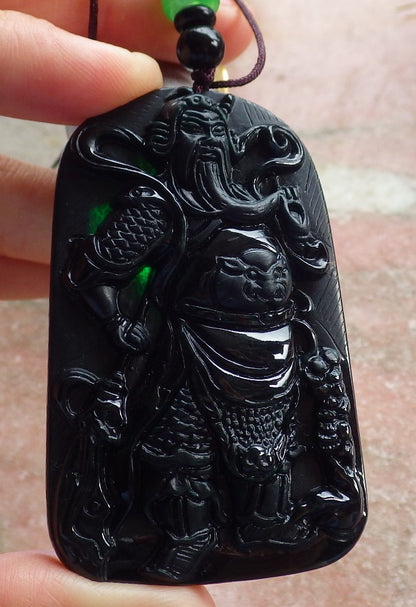 Certified Hand Carved Black Dark Green Natural Myanmar Burma A Jade jadeite Fight God Guan Gong God Guangyu Broadword Pendant Necklace