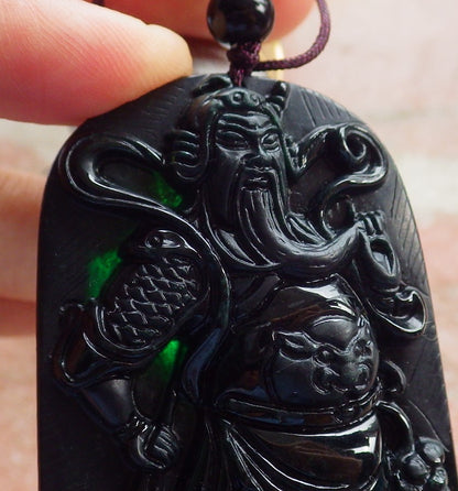 Certified Hand Carved Black Dark Green Natural Myanmar Burma A Jade jadeite Fight God Guan Gong God Guangyu Broadword Pendant Necklace