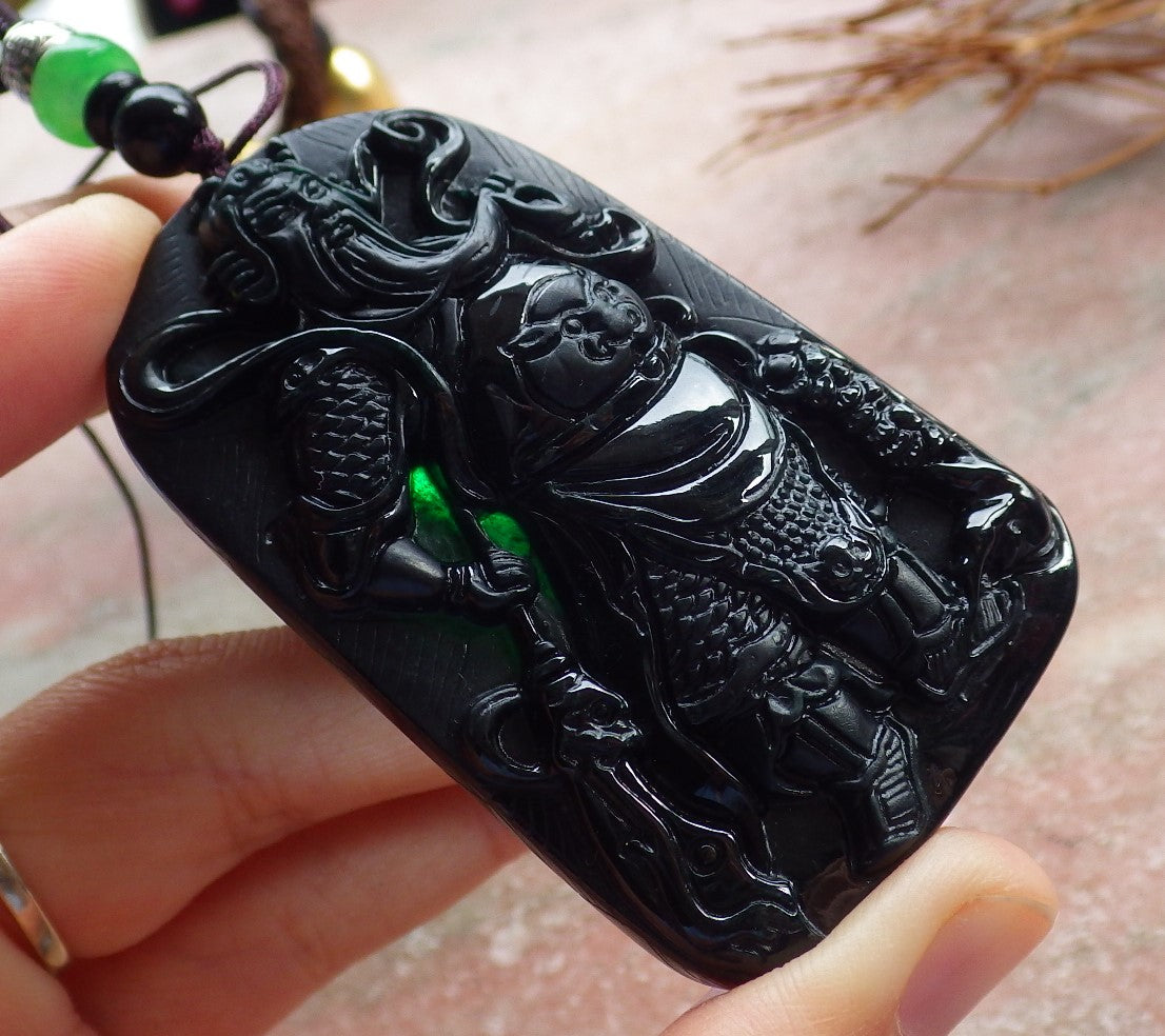 Certified Hand Carved Black Dark Green Natural Myanmar Burma A Jade jadeite Fight God Guan Gong God Guangyu Broadword Pendant Necklace