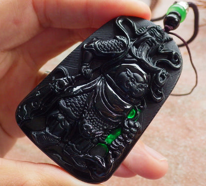 Certified Hand Carved Black Dark Green Natural Myanmar Burma A Jade jadeite Fight God Guan Gong God Guangyu Broadword Pendant Necklace