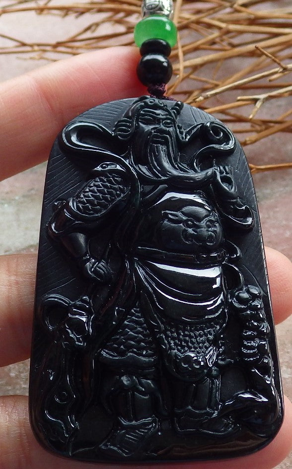 Certified Hand Carved Black Dark Green Natural Myanmar Burma A Jade jadeite Fight God Guan Gong God Guangyu Broadword Pendant Necklace