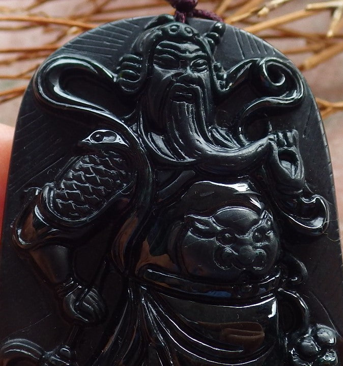 Certified Hand Carved Black Dark Green Natural Myanmar Burma A Jade jadeite Fight God Guan Gong God Guangyu Broadword Pendant Necklace