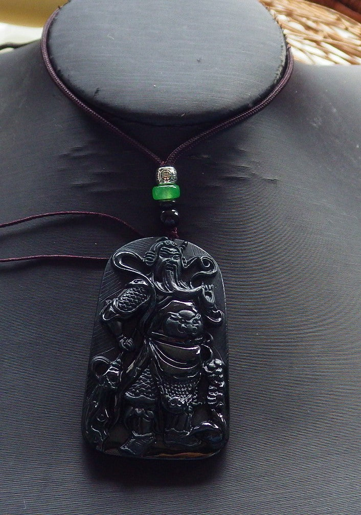 Certified Hand Carved Black Dark Green Natural Myanmar Burma A Jade jadeite Fight God Guan Gong God Guangyu Broadword Pendant Necklace