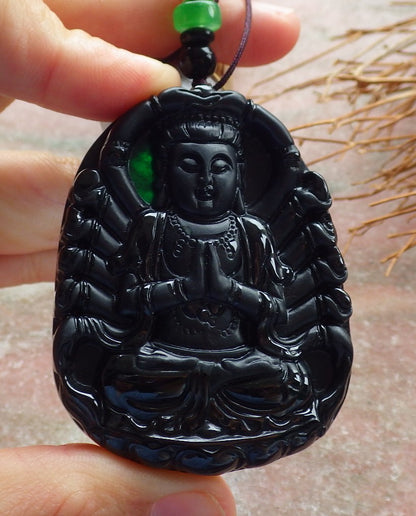 Certified Hand Carved Dark Green Black Natural Myanmar Burma A Jade Jadeite Thousand Hand Guanyin Kwan yin Pendant Necklace