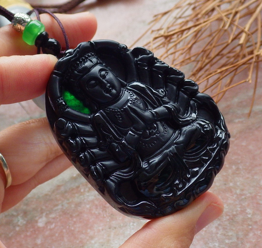 Certified Hand Carved Dark Green Black Natural Myanmar Burma A Jade Jadeite Thousand Hand Guanyin Kwan yin Pendant Necklace