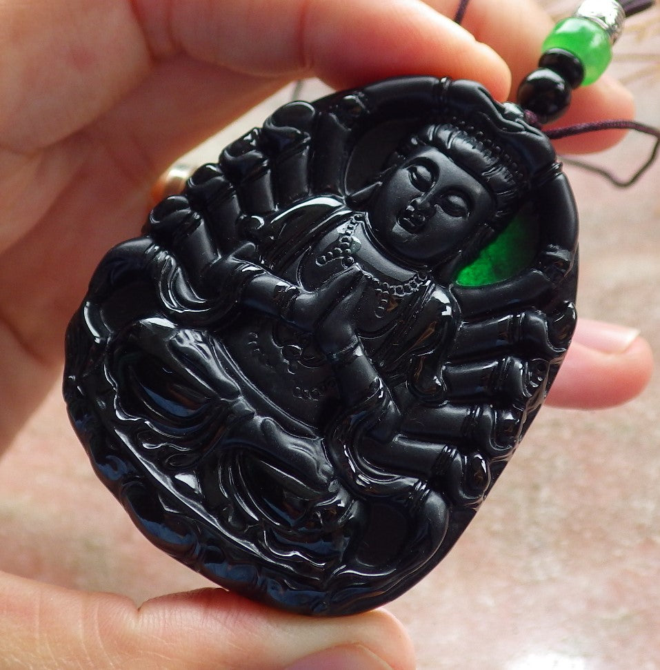 Certified Hand Carved Dark Green Black Natural Myanmar Burma A Jade Jadeite Thousand Hand Guanyin Kwan yin Pendant Necklace