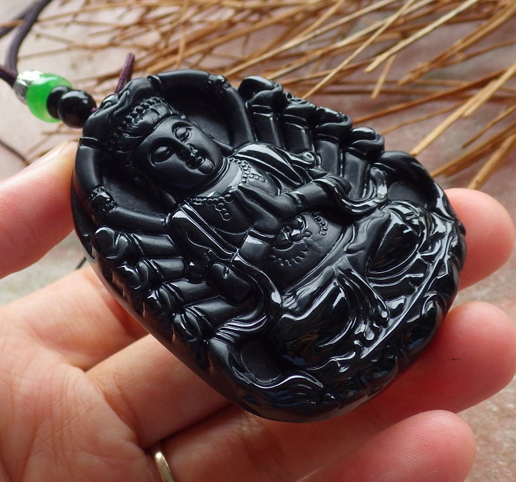 Certified Hand Carved Dark Green Black Natural Myanmar Burma A Jade Jadeite Thousand Hand Guanyin Kwan yin Pendant Necklace