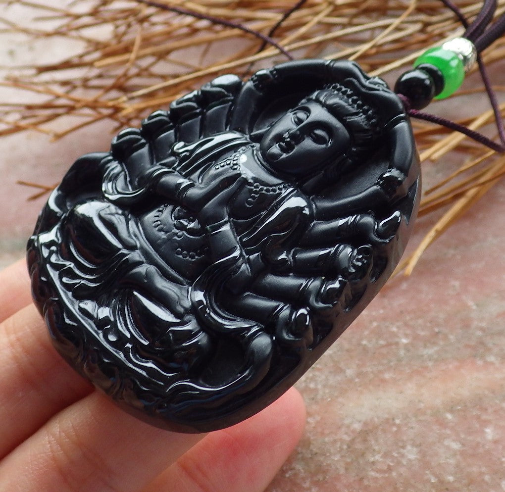 Certified Hand Carved Dark Green Black Natural Myanmar Burma A Jade Jadeite Thousand Hand Guanyin Kwan yin Pendant Necklace