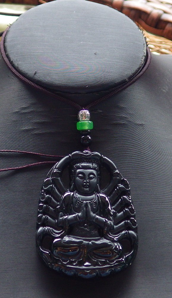 Certified Hand Carved Dark Green Black Natural Myanmar Burma A Jade Jadeite Thousand Hand Guanyin Kwan yin Pendant Necklace