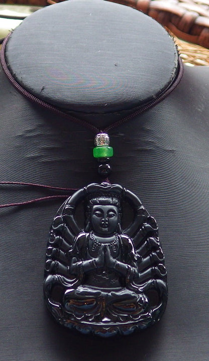 Certified Hand Carved Dark Green Black Natural Myanmar Burma A Jade Jadeite Thousand Hand Guanyin Kwan yin Pendant Necklace