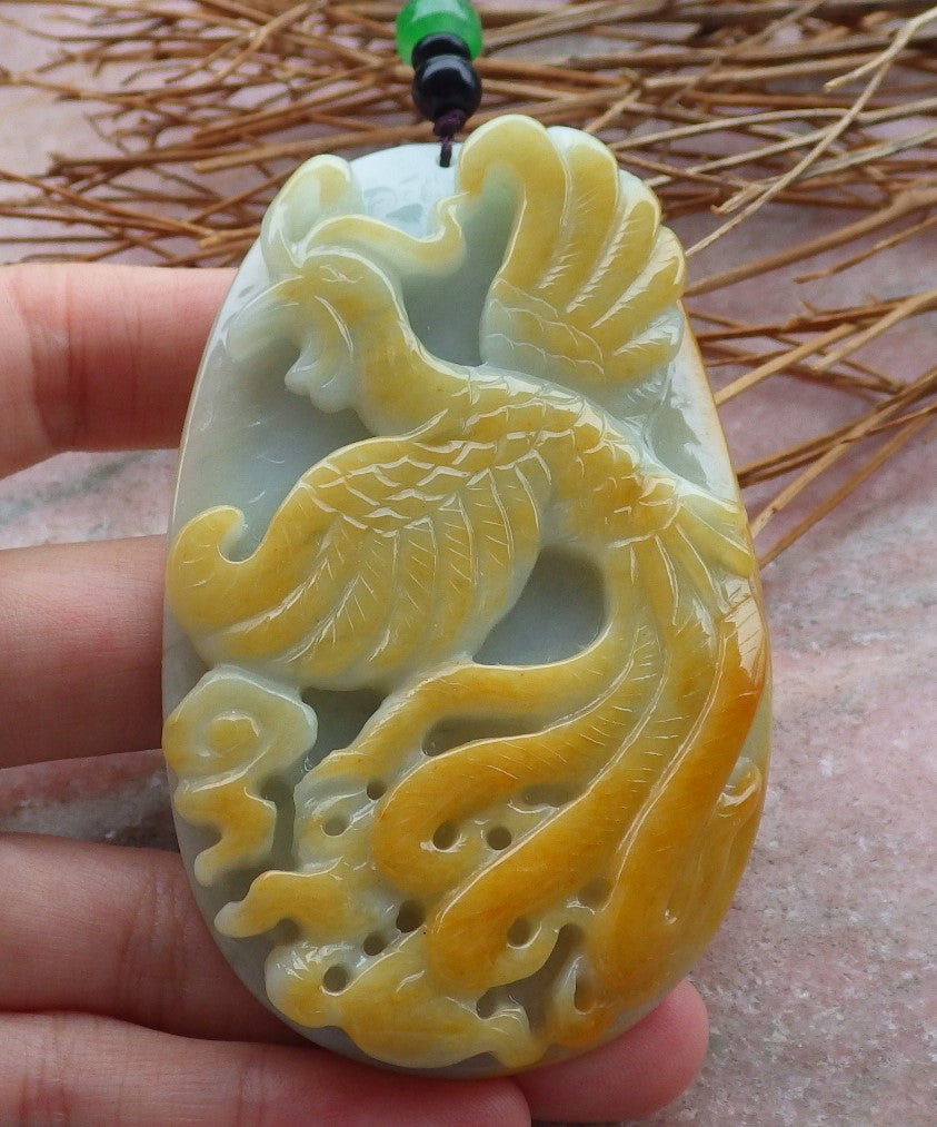 Certified Hand Carved Green Yellow 100% Natural Myanmar Burma A Jade jadeite Phoenix Pendant Necklace