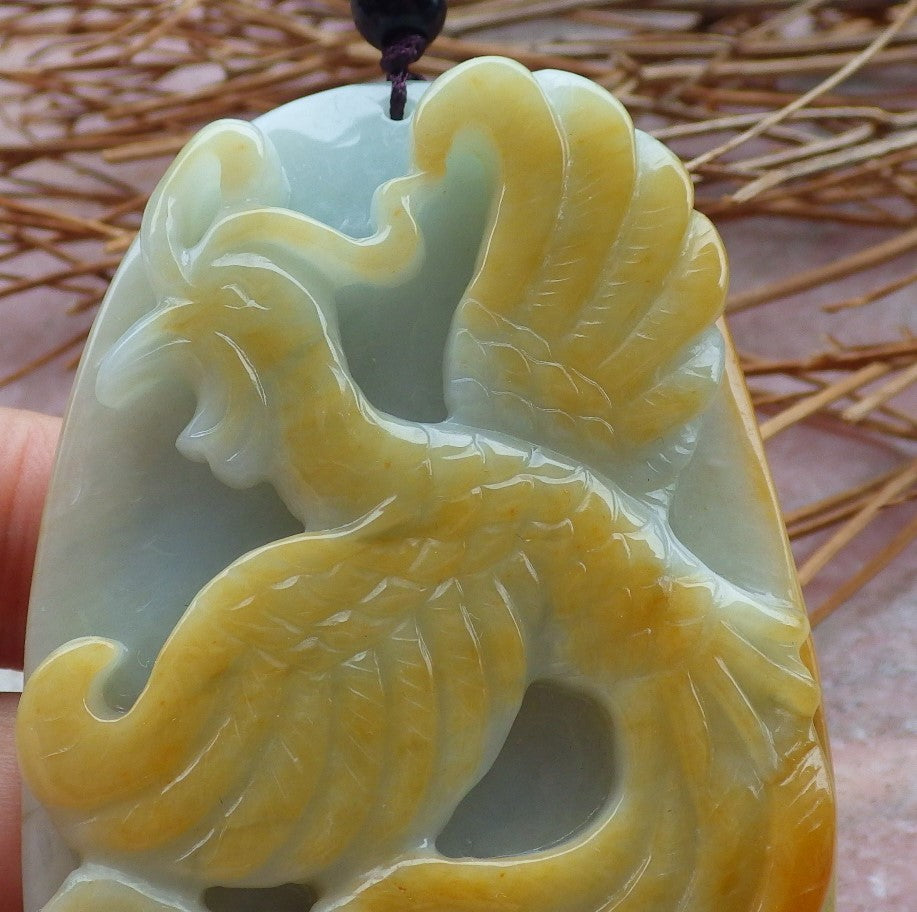 Certified Hand Carved Green Yellow 100% Natural Myanmar Burma A Jade jadeite Phoenix Pendant Necklace