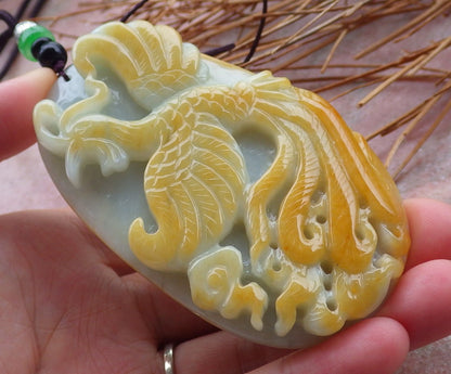 Certified Hand Carved Green Yellow 100% Natural Myanmar Burma A Jade jadeite Phoenix Pendant Necklace