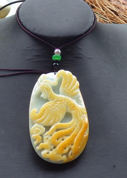 Certified Hand Carved Green Yellow 100% Natural Myanmar Burma A Jade jadeite Phoenix Pendant Necklace