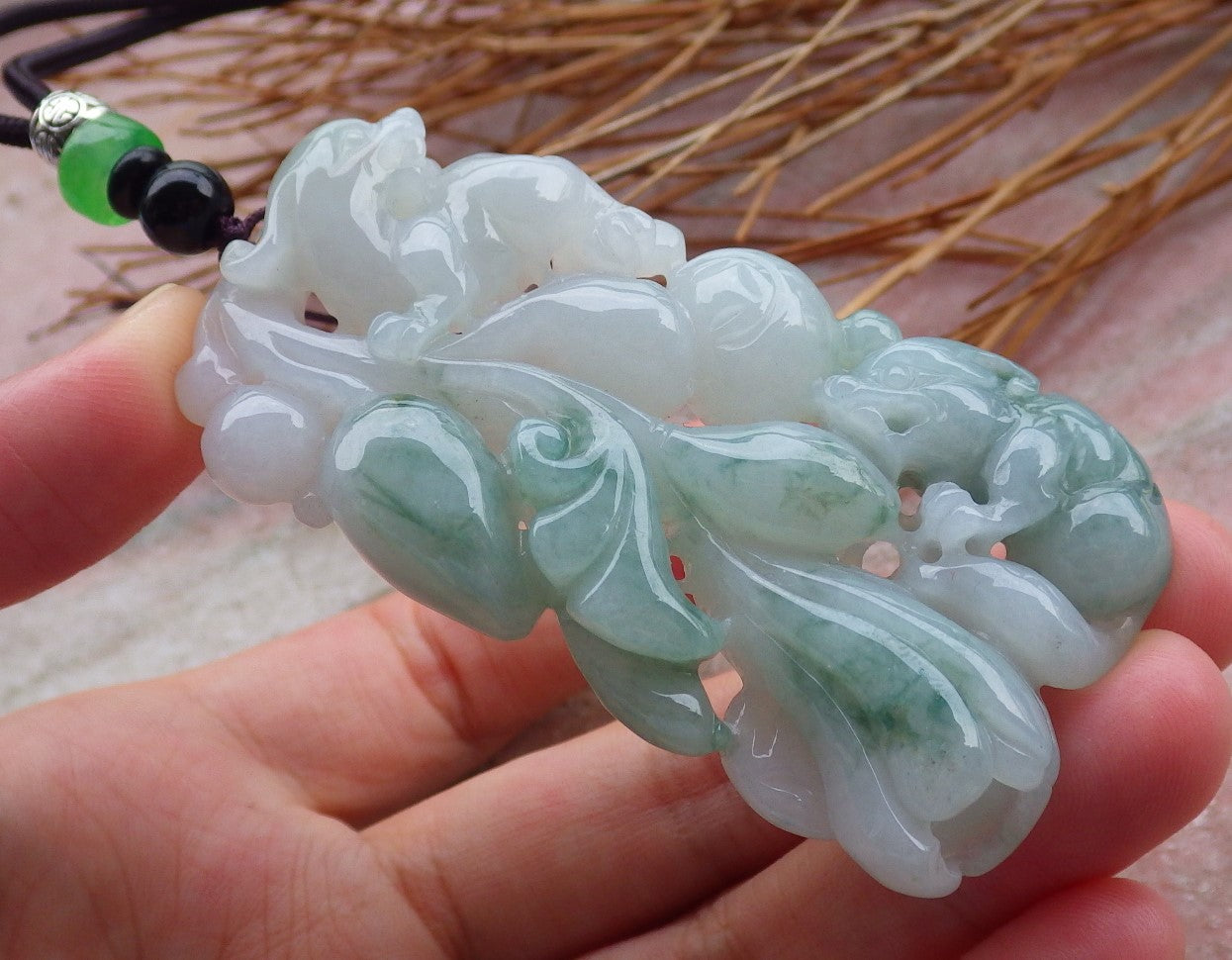 Certified Hand Carved Natural Green Myanmar Burma A Jade jadeite Dragon Pi Xiu Ruyi Gourd Lotus Flower Pendant Necklace