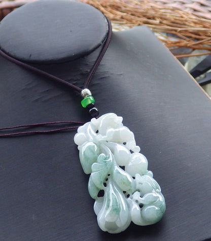 Certified Hand Carved Natural Green Myanmar Burma A Jade jadeite Dragon Pi Xiu Ruyi Gourd Lotus Flower Pendant Necklace