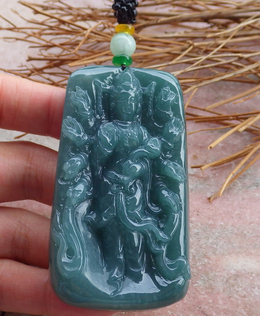 Certified Natural Hand Carved Myanmar Burma Green A Jade jadeite 1000 Hand Guanyin Kwan Yin God Pendant Necklace