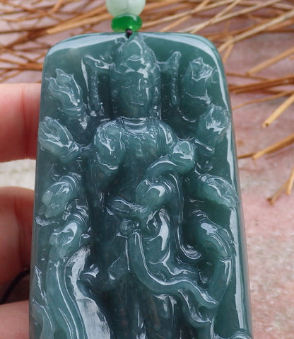 Certified Natural Hand Carved Myanmar Burma Green A Jade jadeite 1000 Hand Guanyin Kwan Yin God Pendant Necklace