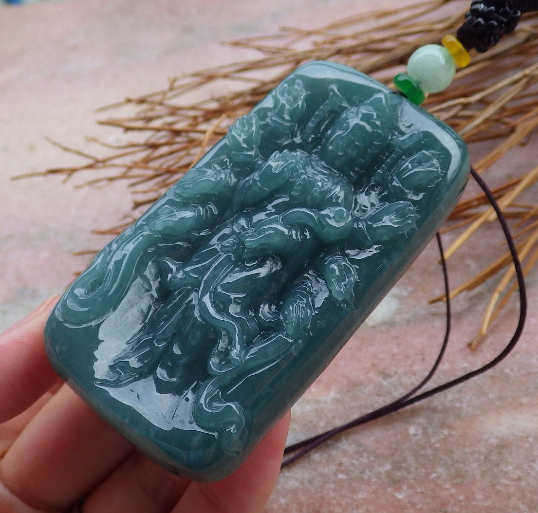 Certified Natural Hand Carved Myanmar Burma Green A Jade jadeite 1000 Hand Guanyin Kwan Yin God Pendant Necklace