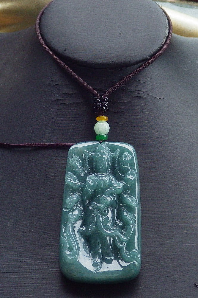 Certified Natural Hand Carved Myanmar Burma Green A Jade jadeite 1000 Hand Guanyin Kwan Yin God Pendant Necklace