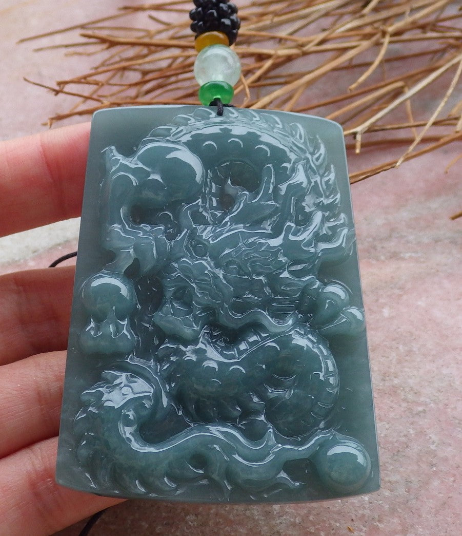 Certified Hand Carved Green Natural Myanmar Burma A Jade jadeite Dragon Bead Ruyi Pendant Necklace