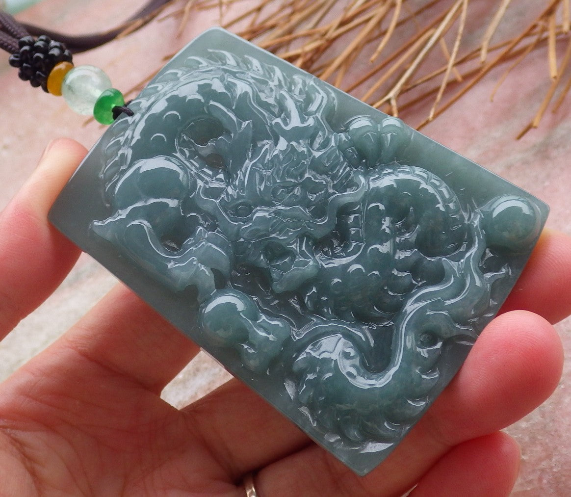 Certified Hand Carved Green Natural Myanmar Burma A Jade jadeite Dragon Bead Ruyi Pendant Necklace