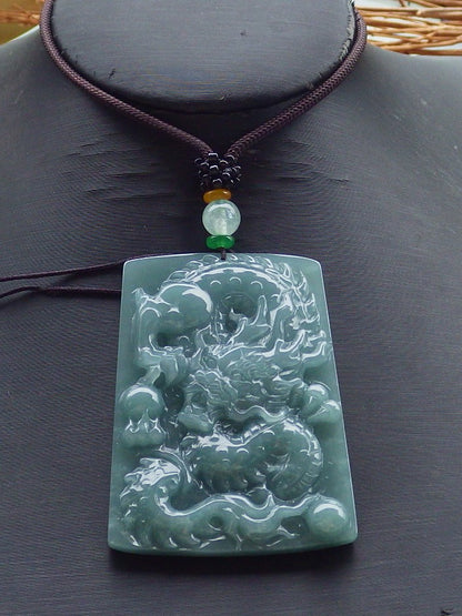 Certified Hand Carved Green Natural Myanmar Burma A Jade jadeite Dragon Bead Ruyi Pendant Necklace