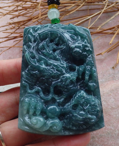 Certified Hand Carved Green Natural Myanmar Burma A Jade jadeite Dragon Tiger Bead Ruyi Pendant Necklace