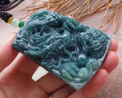 Certified Hand Carved Green Natural Myanmar Burma A Jade jadeite Dragon Tiger Bead Ruyi Pendant Necklace