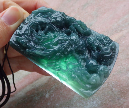 Certified Hand Carved Green Natural Myanmar Burma A Jade jadeite Dragon Tiger Bead Ruyi Pendant Necklace