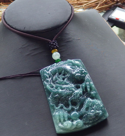 Certified Hand Carved Green Natural Myanmar Burma A Jade jadeite Dragon Tiger Bead Ruyi Pendant Necklace