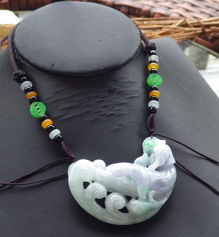 Certified Hand Carved Green Lavender Natural Myanmar Burma A Jade jadeite Dolphin Fish Phoenix Pendant Necklace