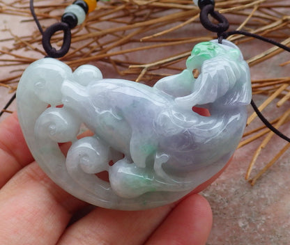 Certified Hand Carved Green Lavender Natural Myanmar Burma A Jade jadeite Dolphin Fish Phoenix Pendant Necklace