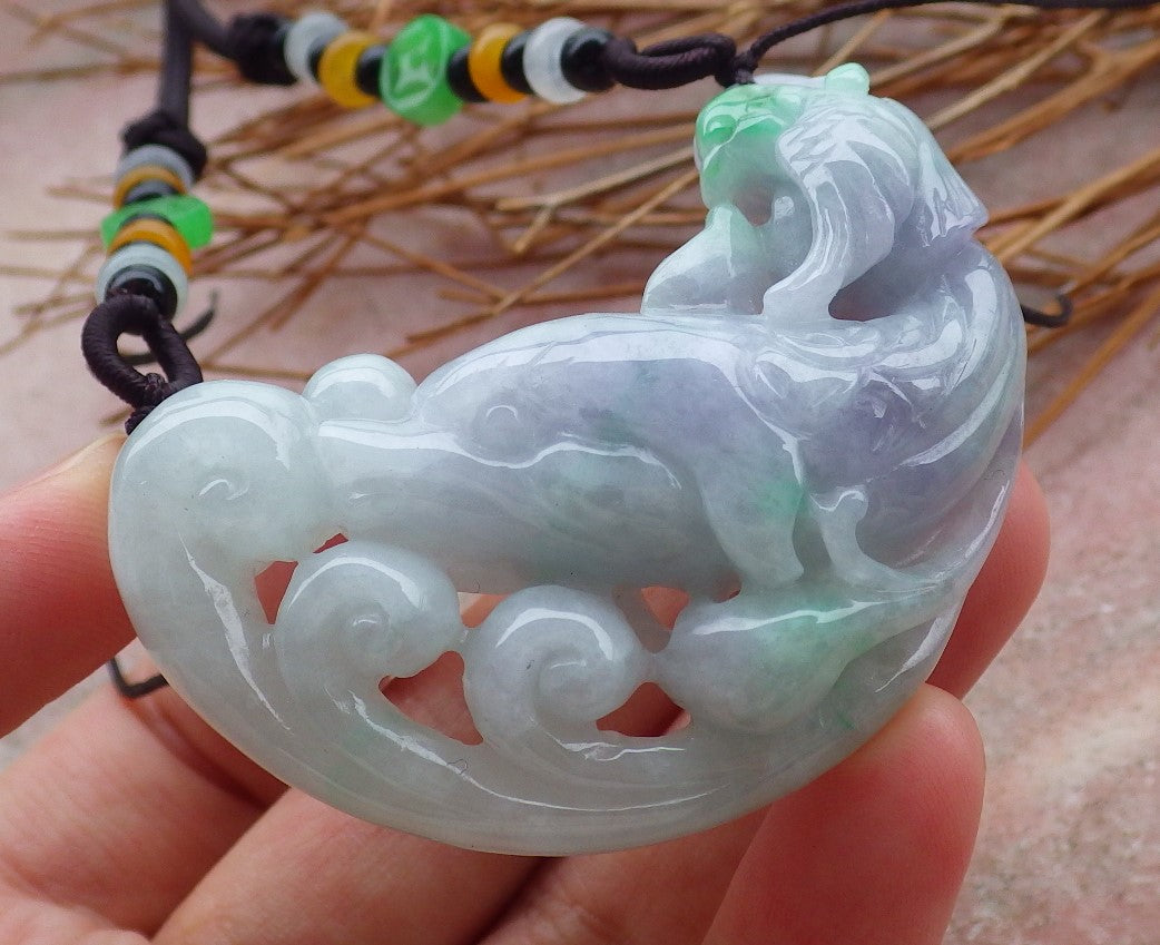 Certified Hand Carved Green Lavender Natural Myanmar Burma A Jade jadeite Dolphin Fish Phoenix Pendant Necklace