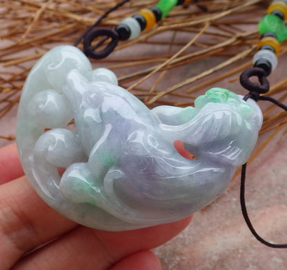 Certified Hand Carved Green Lavender Natural Myanmar Burma A Jade jadeite Dolphin Fish Phoenix Pendant Necklace