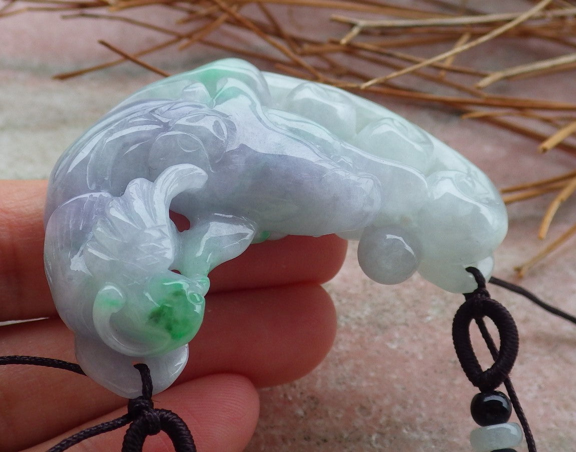 Certified Hand Carved Green Lavender Natural Myanmar Burma A Jade jadeite Dolphin Fish Phoenix Pendant Necklace