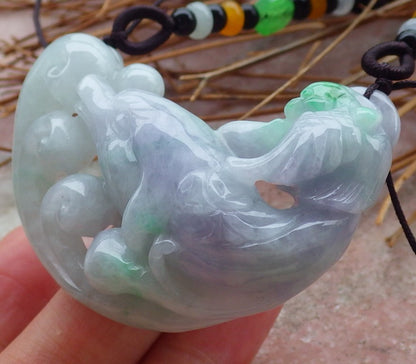 Certified Hand Carved Green Lavender Natural Myanmar Burma A Jade jadeite Dolphin Fish Phoenix Pendant Necklace