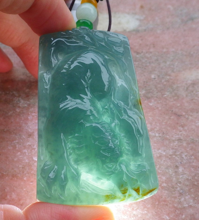 Certified Hand Carved Green Natural Myanmar Burma A Jade jadeite Tiger Bead Ruyi Pendant Necklace