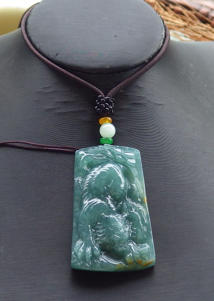 Certified Hand Carved factory Green Natural Myanmar Burma A Jade jadeite Zodiac Tiger Bead Ruyi Pendant Necklace