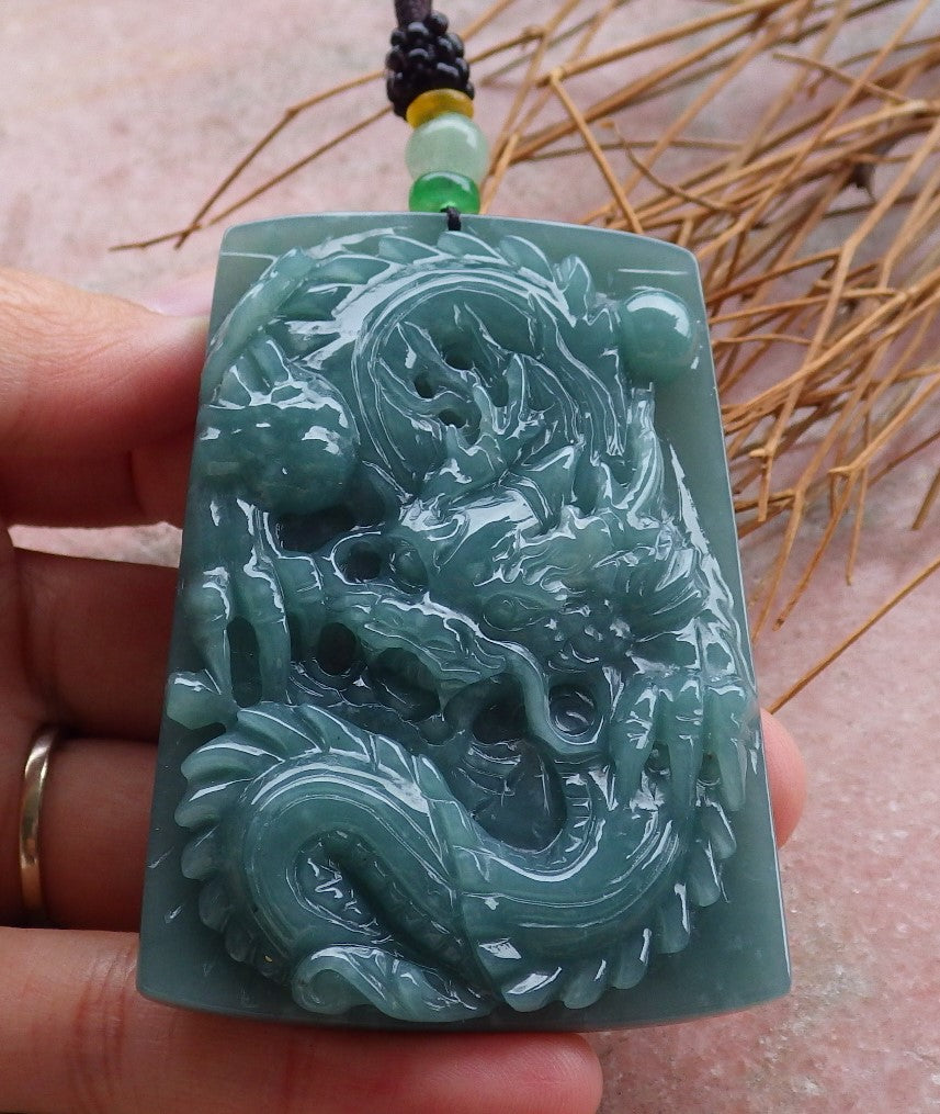 Certified Hand Carved Green Natural Myanmar Burma A Jade jadeite Dragon Bead Ruyi Pendant Necklace