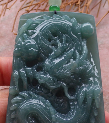 Certified Hand Carved Green Natural Myanmar Burma A Jade jadeite Dragon Bead Ruyi Pendant Necklace