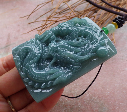 Certified Hand Carved Green Natural Myanmar Burma A Jade jadeite Dragon Bead Ruyi Pendant Necklace