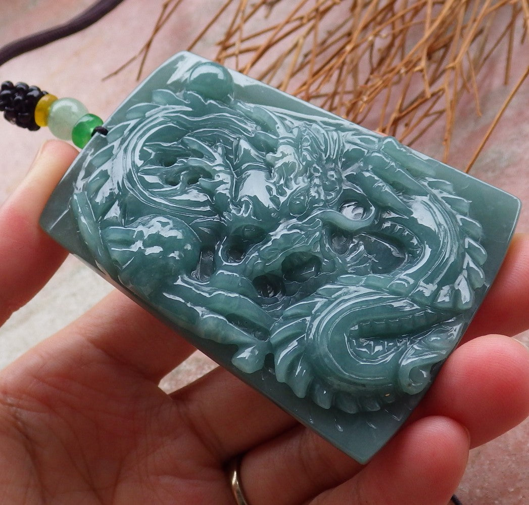 Certified Hand Carved Green Natural Myanmar Burma A Jade jadeite Dragon Bead Ruyi Pendant Necklace