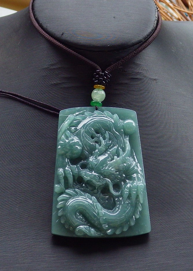 Certified Hand Carved Green Natural Myanmar Burma A Jade jadeite Dragon Bead Ruyi Pendant Necklace