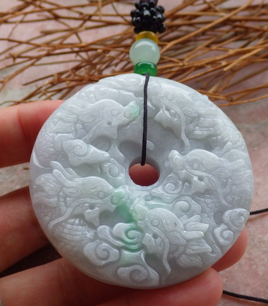 Certified Hand Carved Green Natural Myanmar Burma A Jade jadeite Circle 9 Dragon Bead Pendant Necklace