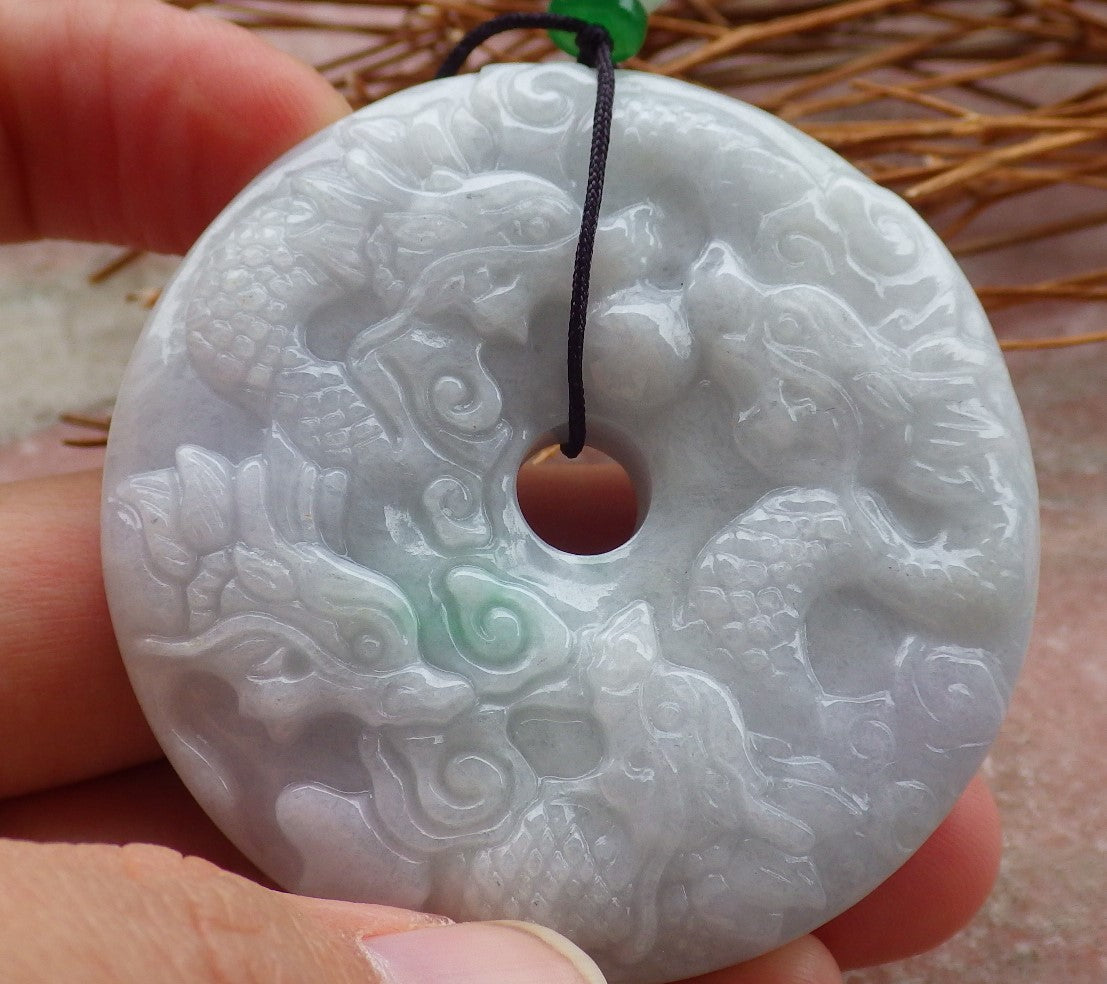 Certified Hand Carved Green Natural Myanmar Burma A Jade jadeite Circle 9 Dragon Bead Pendant Necklace