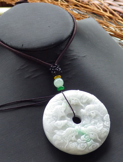 Certified Hand Carved Green Natural Myanmar Burma A Jade jadeite Circle 9 Dragon Bead Pendant Necklace