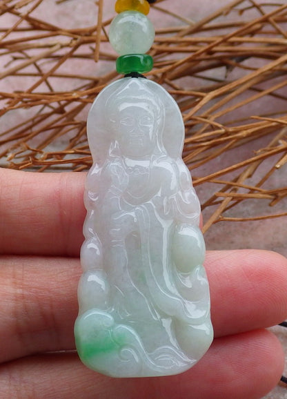 Certified Natural Hand Carved Myanmar Icy Green Burma A Jade jadeite Guanyin Kwan Yin God Pendant Necklace